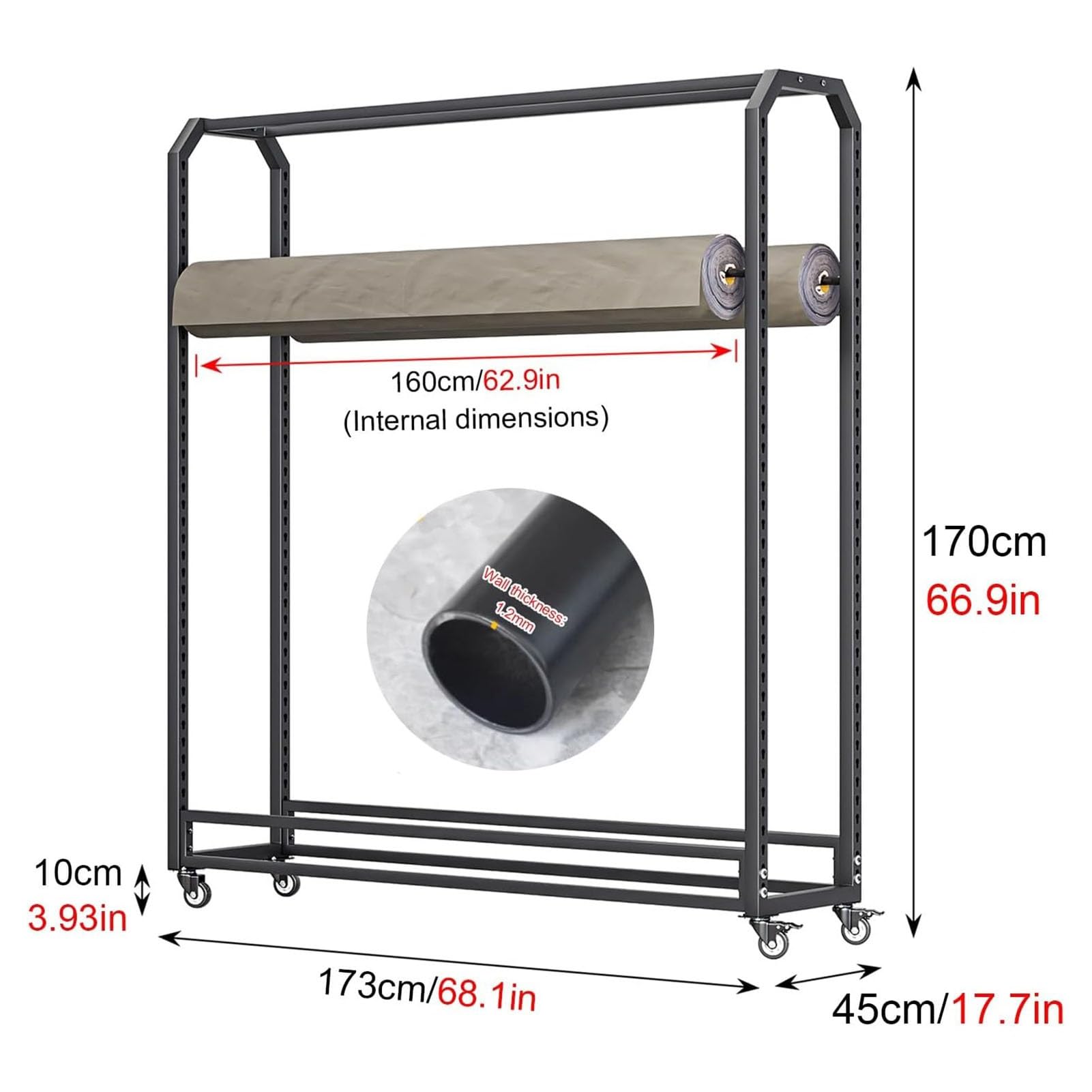 Estante de almacenamiento de rollo de tela, organizador de montaje en pared de acero resistente con barra ajustable y ruedas para vinilo, cuero, rollos de tela