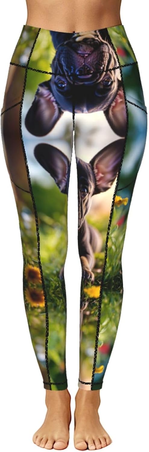 Cute Black Pug Dog Print Leggings for Women,High Waist Pants with Pockets,for Workout,Gym and Everyday Wear