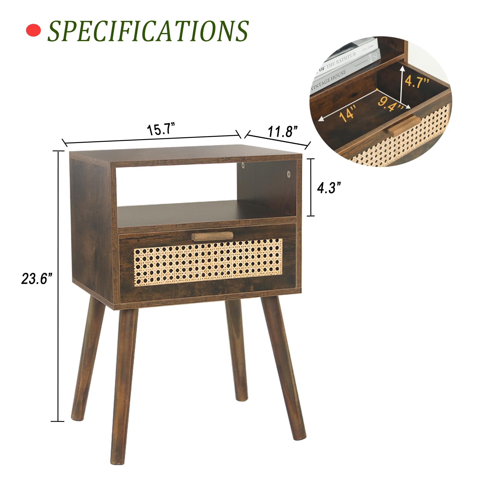 Mesita de noche de mediados de siglo, mesa auxiliar de ratán con cajón, mesita de noche moderna de madera para dormitorio, sala de estar y espacios pequeños (marrón rústico) 4
