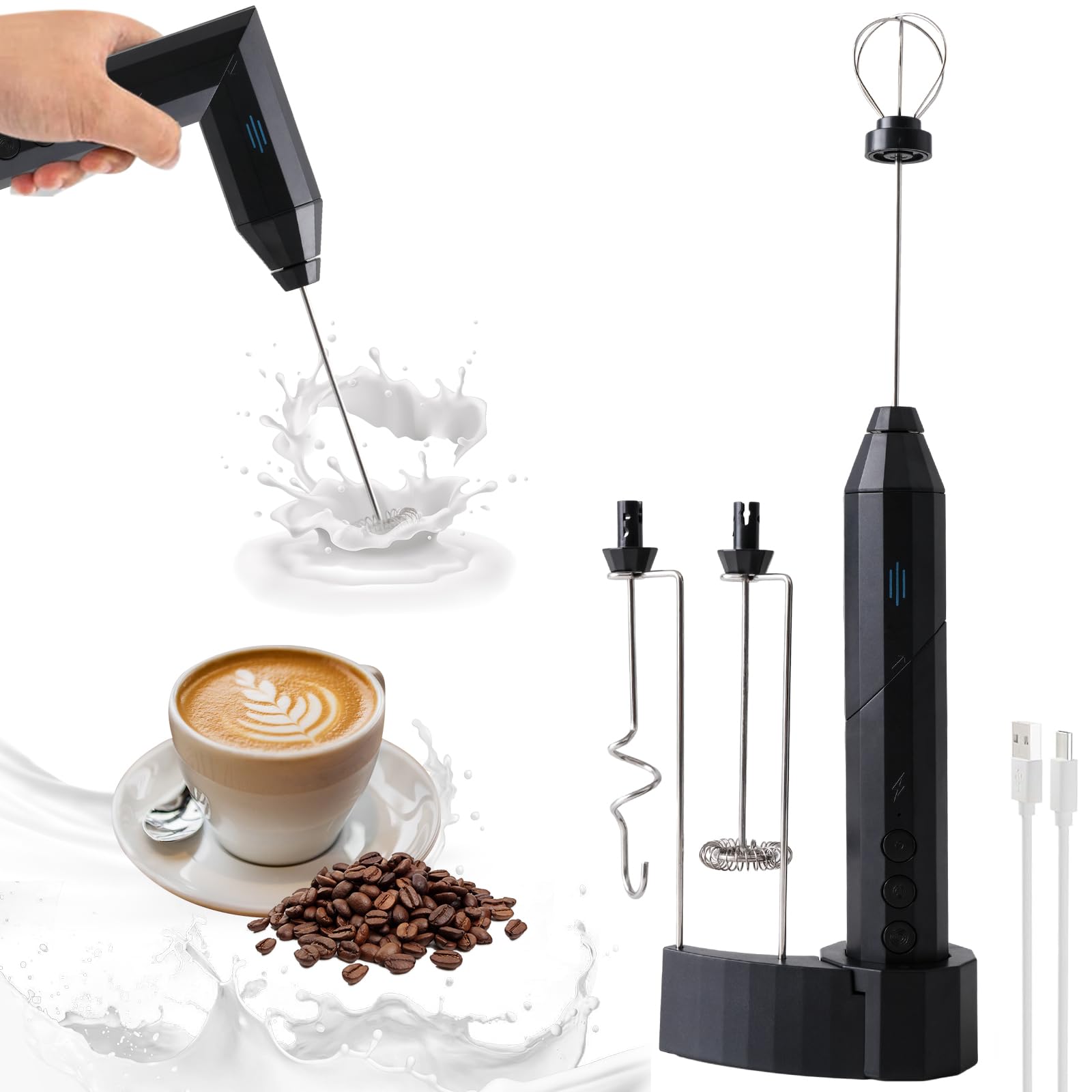 IRIXUDOR Montalatte Elettrico Frullino Elettrico, Frullino Montalatte Pieghevole con Ricarica USB-C, Regolabile a 3 Velocità, con 3 Fruste in Acciaio Inossidabile, per Caffè, Matcha, Cioccolata Calda
