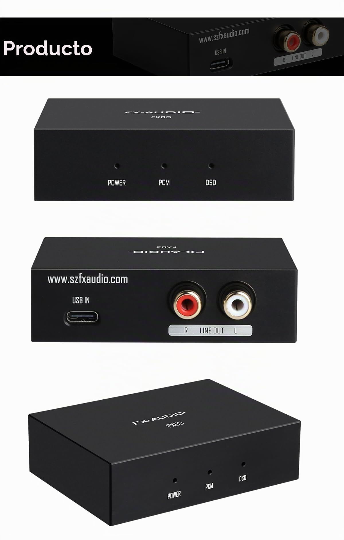 FX-Audio- FX03 384Khz DAC Decorder USB-C a RCA Digital a Analógico Audio Converter Soporta DSD 256 PCM 32Bit para Set-Top Box,Handy,Computer,Game Machine
