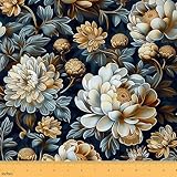 Erosebridal Retro Peony Fabric by The Yard Garden Blue Leaves Floral Upholstery Fabric Baroque Groovy Flower Decorative Fabrics Vintage Peony Petals DIY Art,Blue Beige,1 Yard