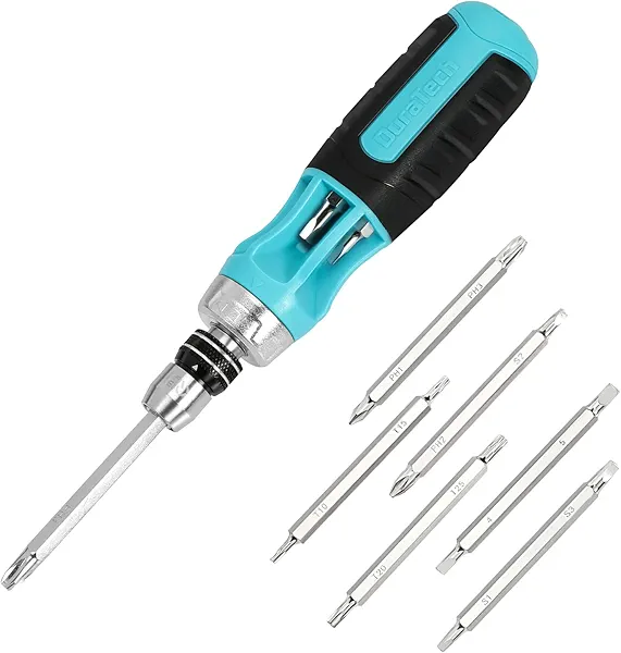DURATECH Ratcheting Screwdriver, 12-in-1 Multi-bit Screw Drivers, Premium S2 Steel, Innovated Bits Quick-Load Mechanism, with Phillips, Slotted, Torx, Square Bits Stored in Handle Standard