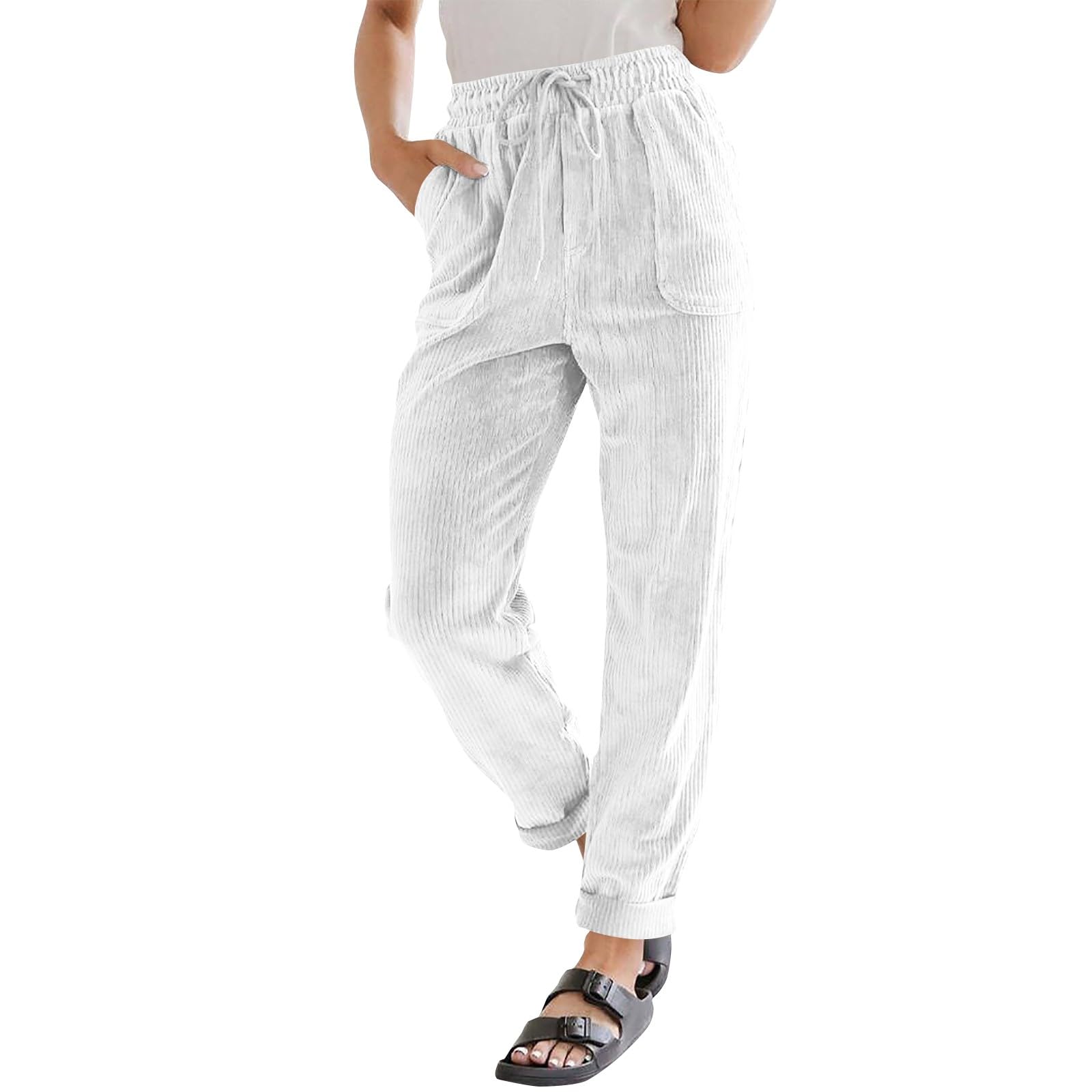 Corduroy Pants Women High Waisted Drawstring Casual Straight Leg Pants Loose Comfy Lounge Pants Trousers with Pockets