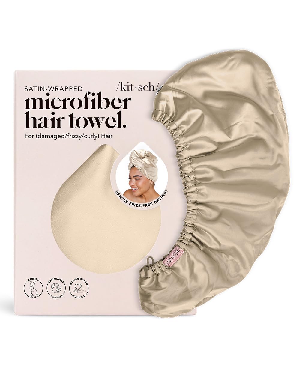 Kitsch Satin Wrapped Microfiber Hair Towel - Fast Dry Curly Hair Wraps for Women Wet Hair | Microfiber Towel for Hair | Hair Drying Towel Wrap | Hair Towels for Women | Turban for Wet Hair (Champagne)