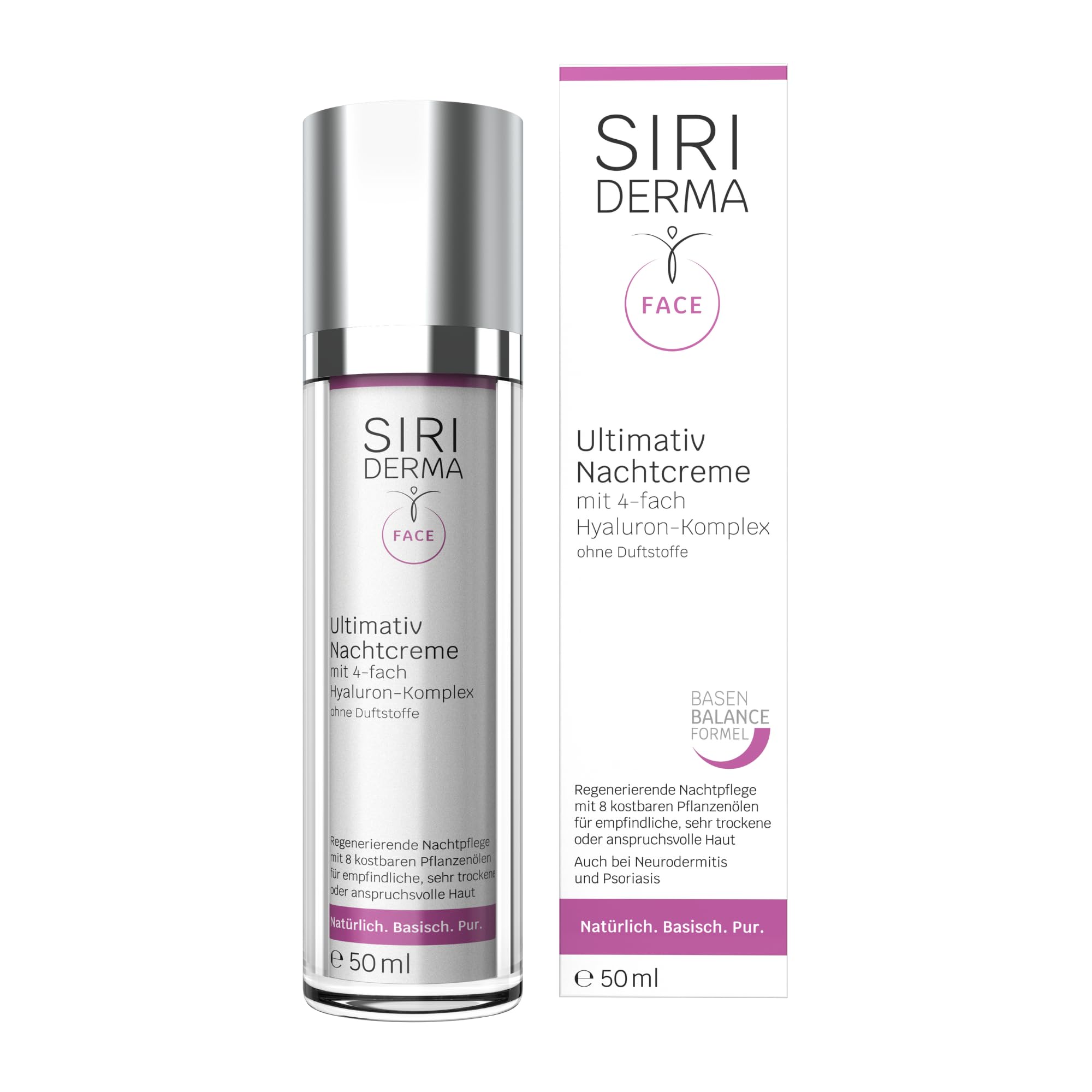 SIRIDERMA Ultimativ Nachtcreme | Basische Anti-Aging Gesichtscreme | Hyaluron und 8 Pflanzenöle | Vegan (ohne Parfum, 50 ml)