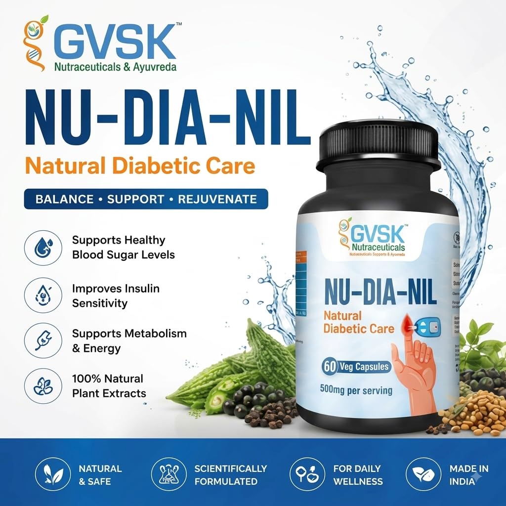 GVSK NU-DIA-NIL Natural Diabetic Care Supplement, Blood Sugar Support Capsules with Bitter Gourd, Jamun, Gymnema, Fenugreek & Black Pepper - Glucose Metabolism & Insulin Support - 60 Veg Capsules 2