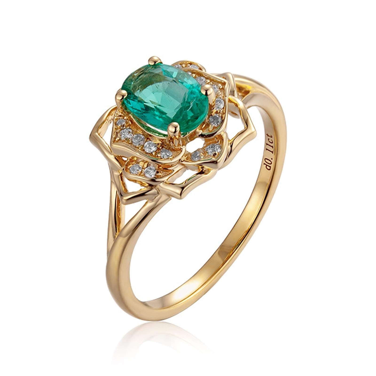 AmDxD Femme Or 18 Carats Bague de Mariage Rose 4 Griffes Ovale Emeraude 0.65ct Blague Anniversaire Femme Taille 57.5