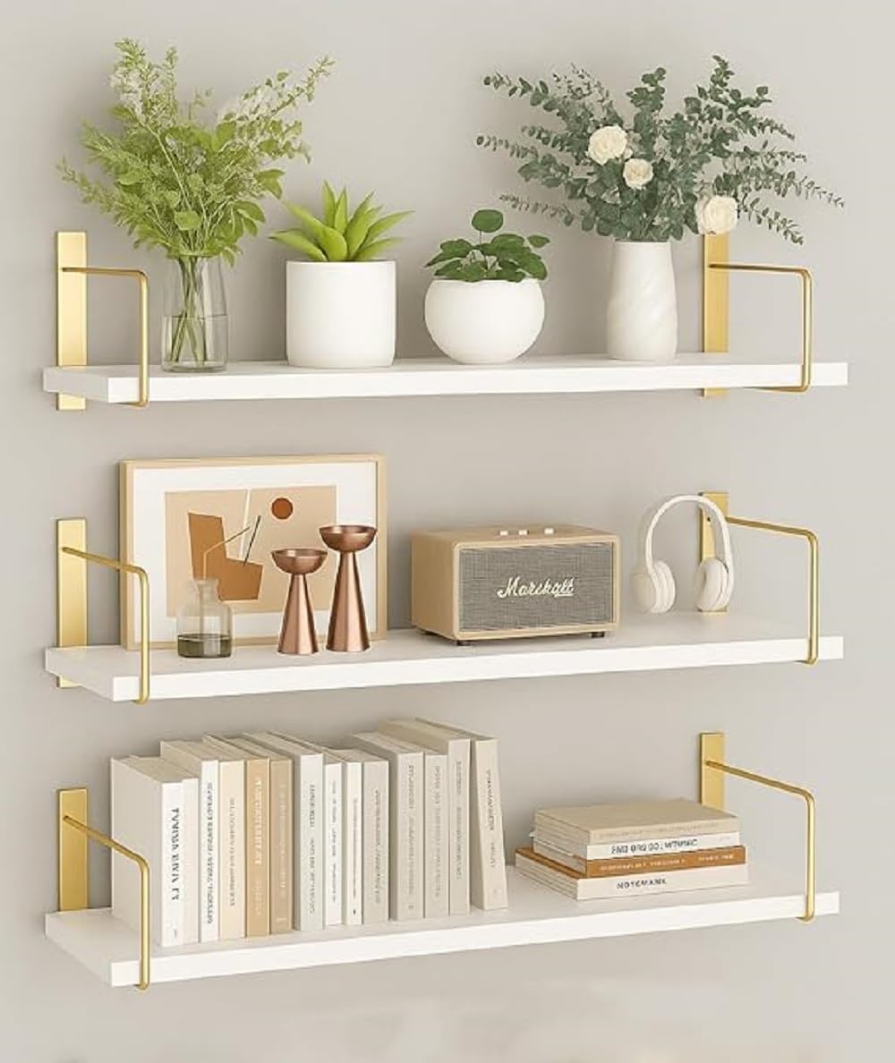 Furnifox Wall Shelves Set of 3, Rustic Wood Shelves for Wall Décor, Storage Shelves for Living Room Bathroom Shelves Living & Bed Room Decor (Golden White)-image-35