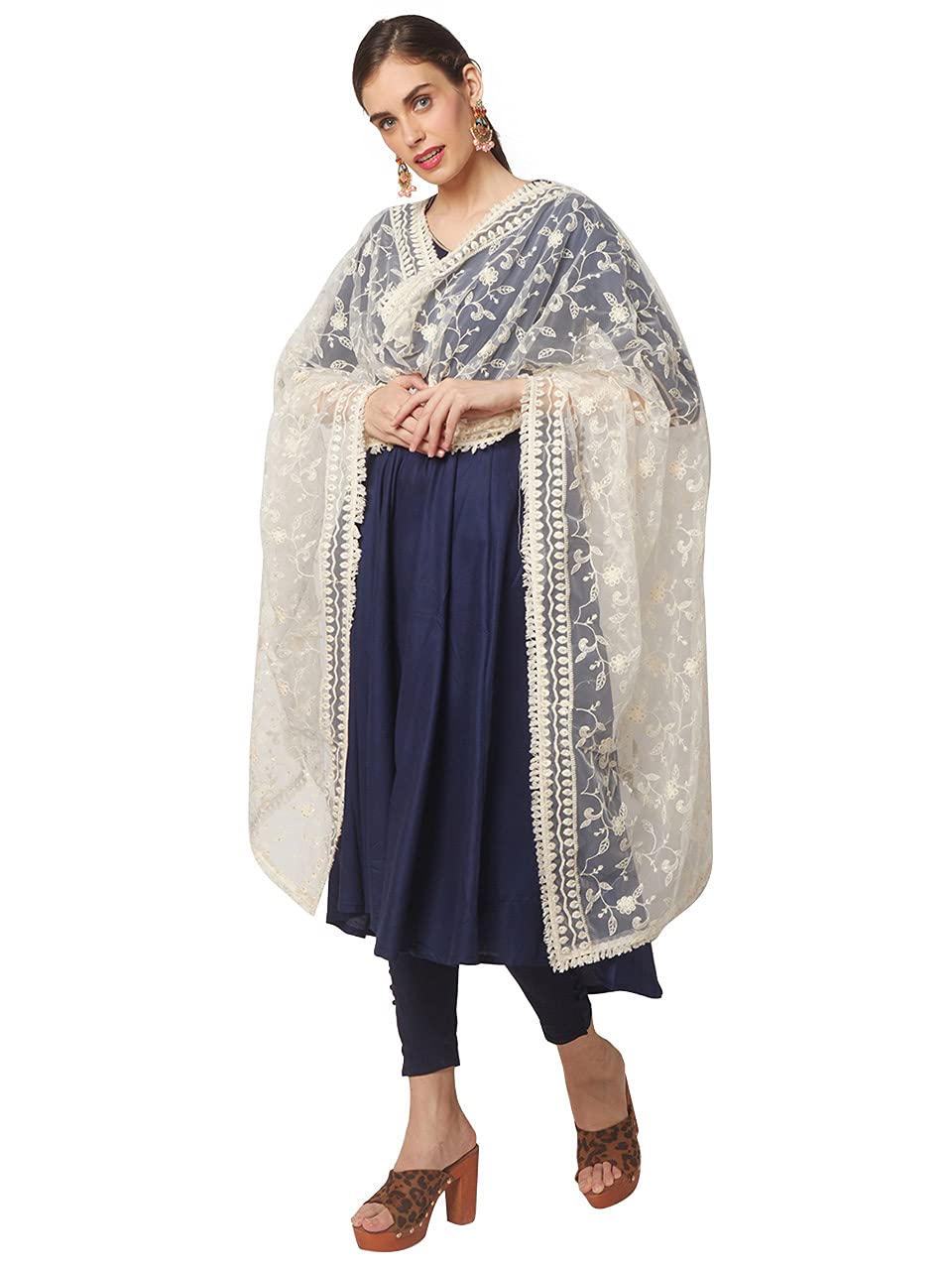 dupatta bazaar Women's floral embroidered Off White Net dupatta-picture-51