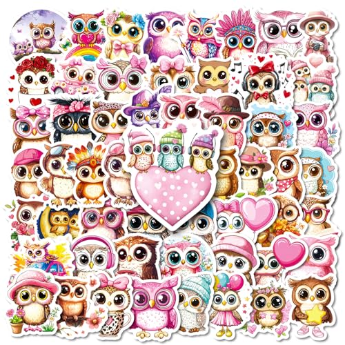 Cartoon Owl Stickers Cute Pink Animal Decal for Water Bottle Kid Teen 56PCS