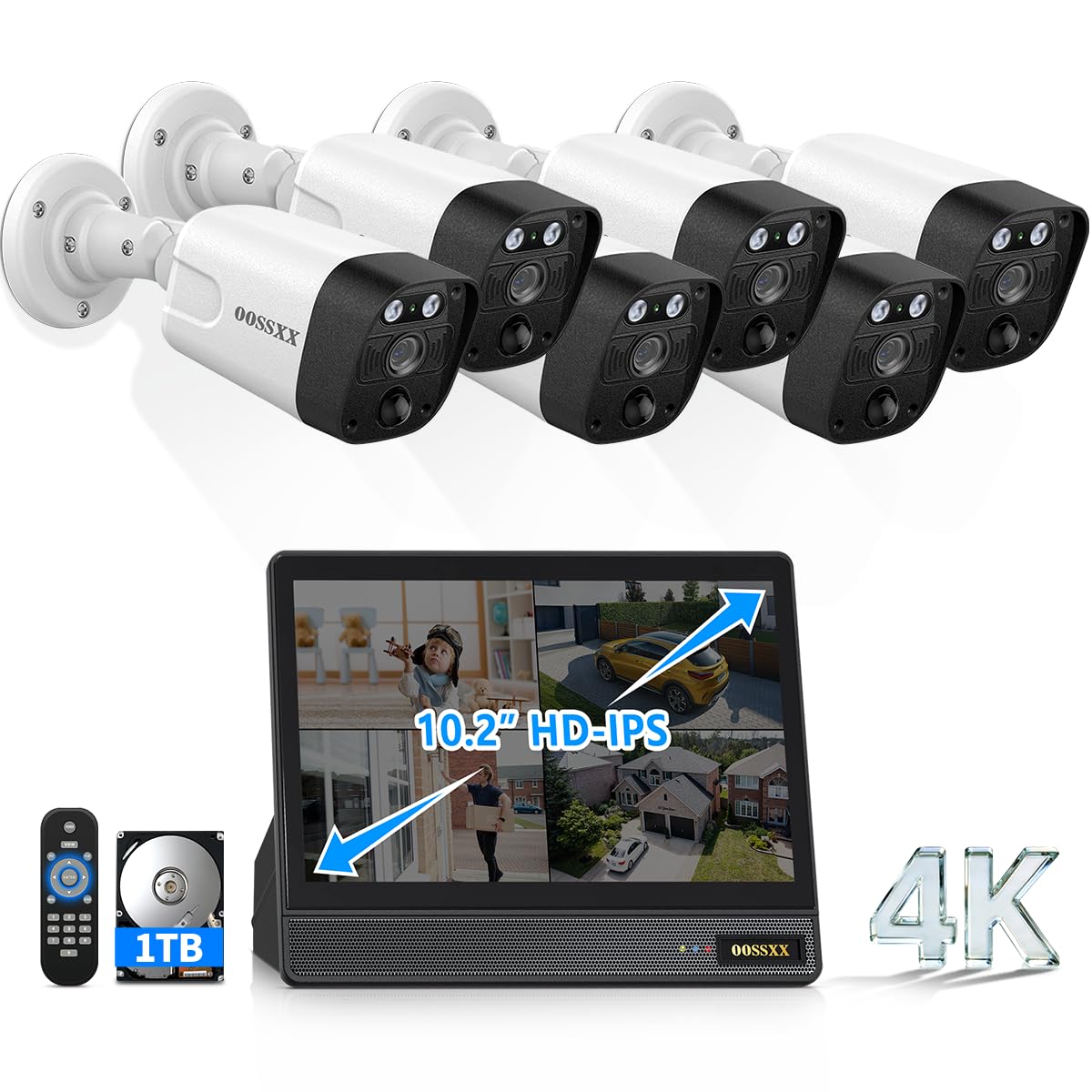 4K PoE Security Camera System Surveillance, 8CH NVR with 10.2" IPS Monitor