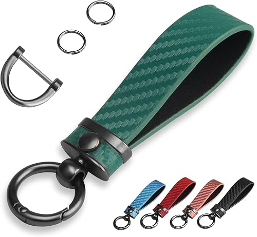 QBUC Llavero de cuero de microfibra estilo fibra de carbono para hombres y mujeres con giro giratorio de 360 grados anillo en D antipérdida 2