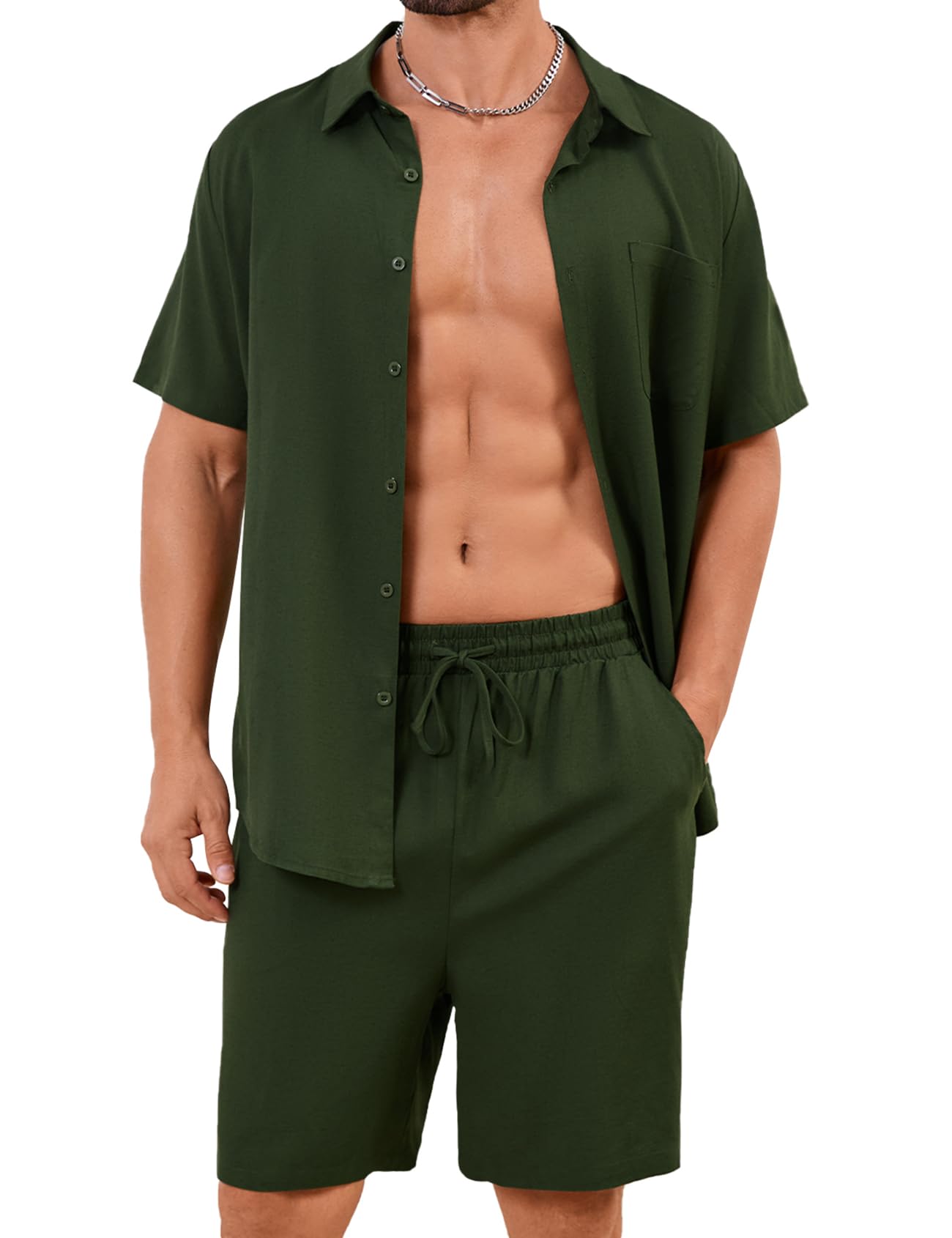 Flygo Men Cotton Linen Sets Outfits 2 Piece Summer Short Sleeve Shirt and Shorts Set Beach Wear Vacation Outfit