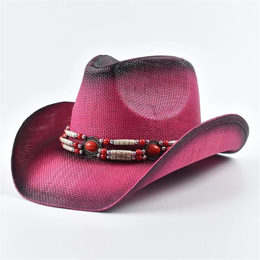 Cappelli da sole da donna in paglia stile occidentale per donna vintage bordo arricciato cowgirl jazz cappello da spiaggia, Rosa, Etichettalia unica