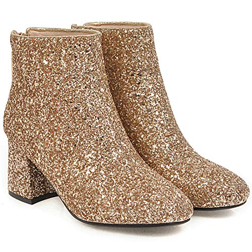Mavmax Women's Sequin Glitter Ankle Boots Chunky Heels Sparkly Booties Us 7.5, Gold Back Zipper #TOP3