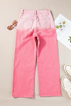 ZhiHiMeRi Women's Pink Rhinestone Gradient Denim Wide Leg Pants