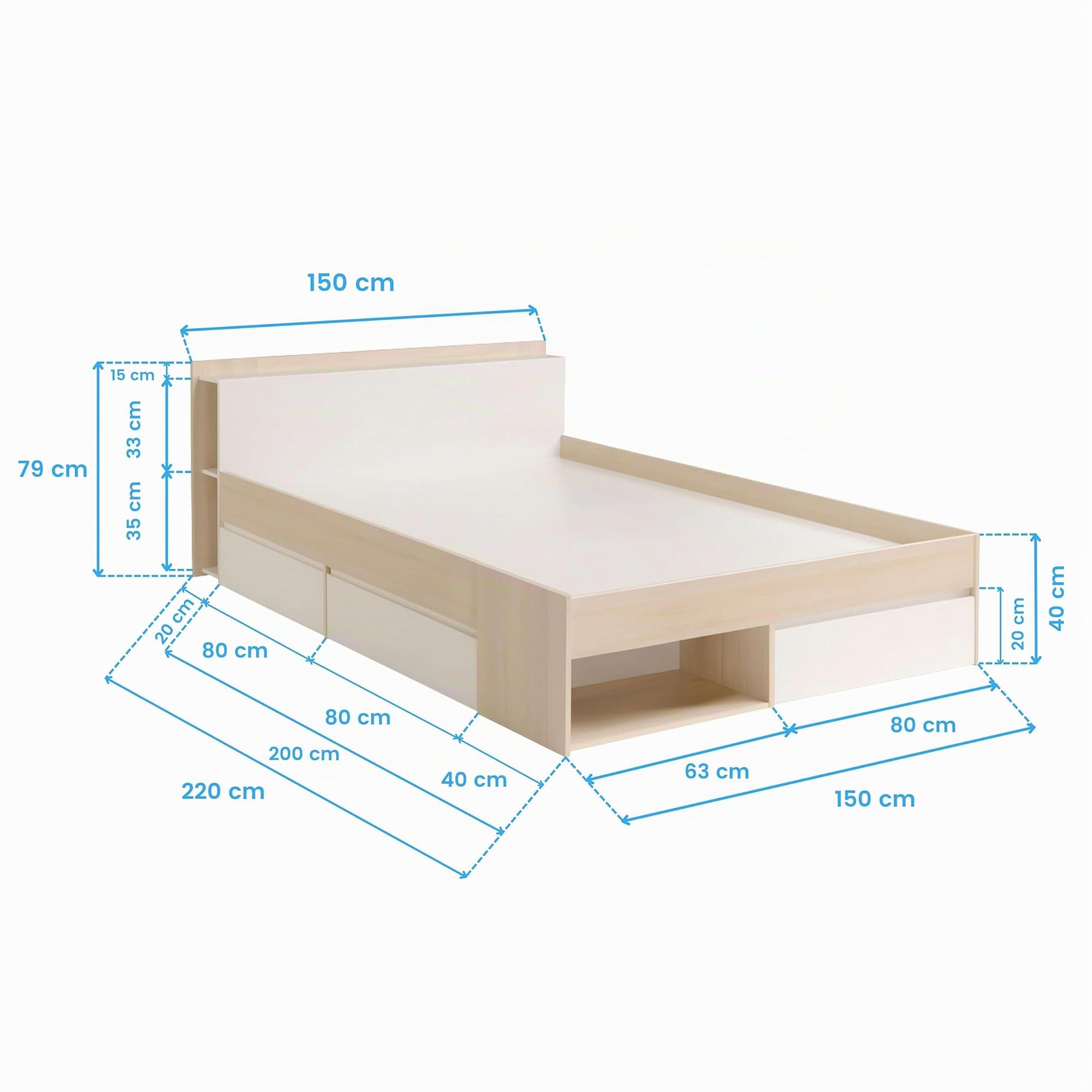 Miroytengo Cama de Matrimonio 135‑140×190/200 cm Acacia y Blanco con Almacenaje y Cajones
