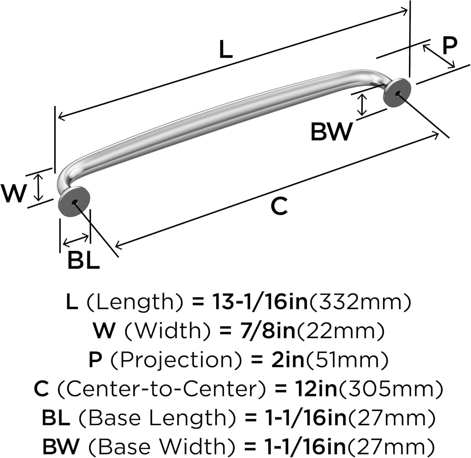 Amerock BP5405526 | Polished Chrome Appliance Pull | 12 inch (305mm) Center-to-Center Cabinet Handle | Renown | Furniture Hardware