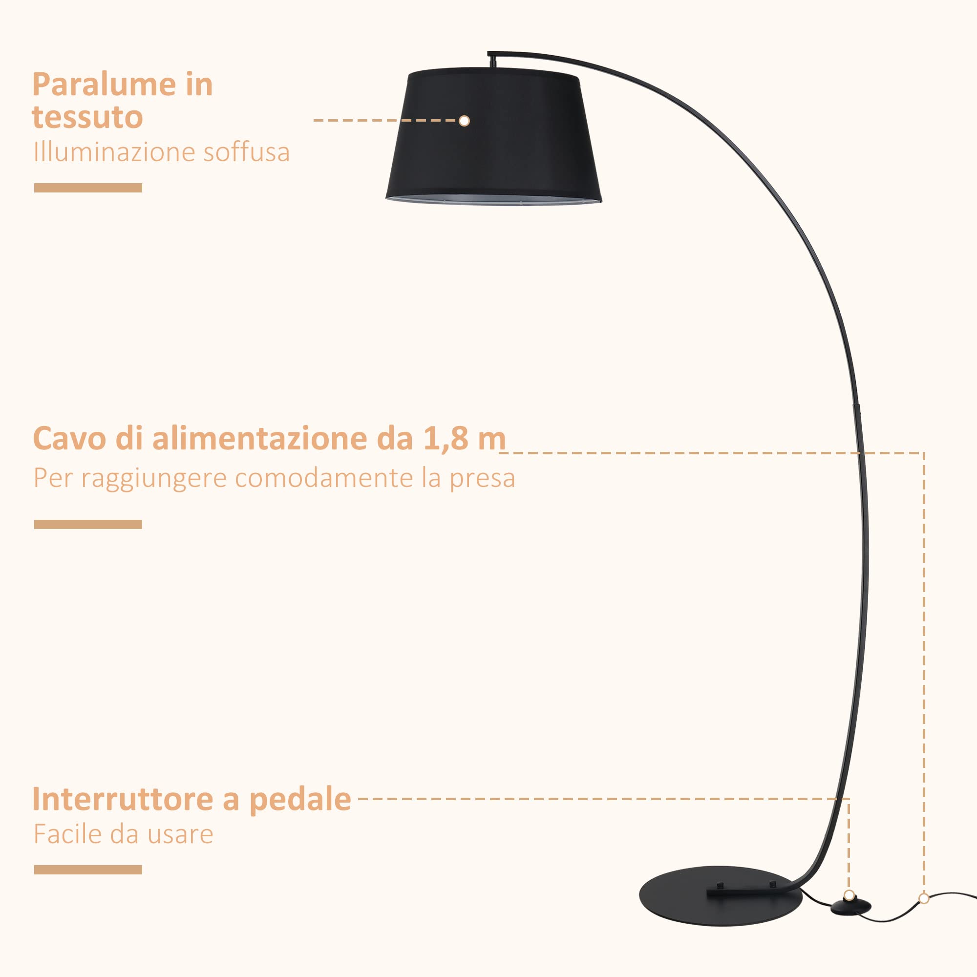 HOMCOM Lampada da Terra ad Arco Base in Metallo Ø47 x 105 x 190cm Nera | Paralume in Tessuto, Lampada a Piantana, Interruttore a Pedale