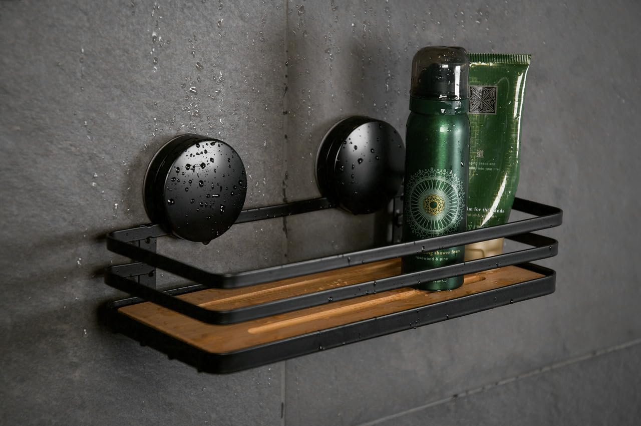 Wenko Superficie di appoggio da parete Static-Loc Plus Alba per stanza da bagno, in acciaio verniciato e bambù sostenibile, fissaggio senza perforazione, 26,5 x 12,5 x 11 cm, nero/al naturale