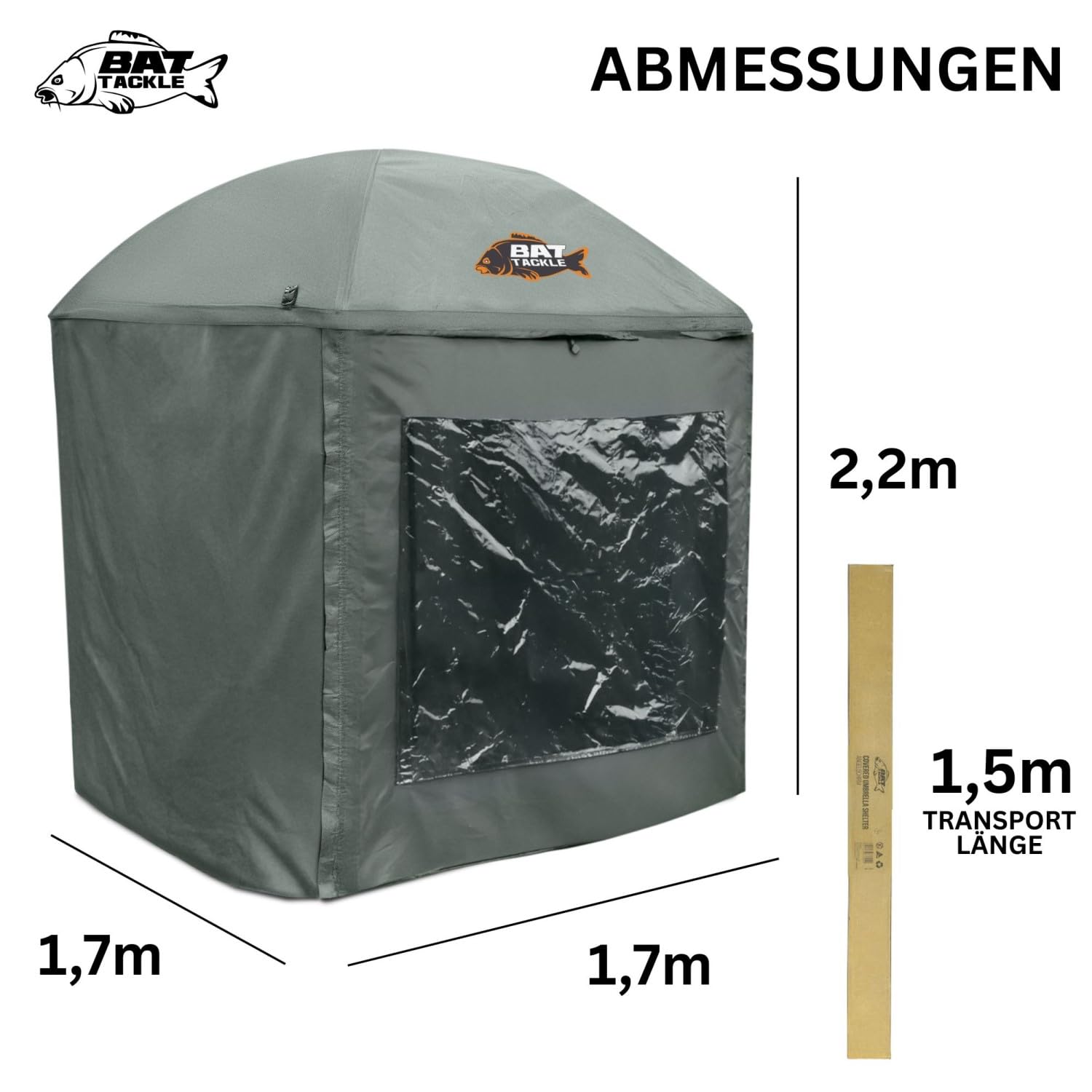 Covered Umbrella Shelter – 2-in-1 Schirmzelt 1,70 x 1,70m – Wasserdichtes Angelzelt 210D Oxford PU – Inkl. Seitenteilen & Sichtfenster – Leichtes Brolly für Sessions & Karpfenangeln