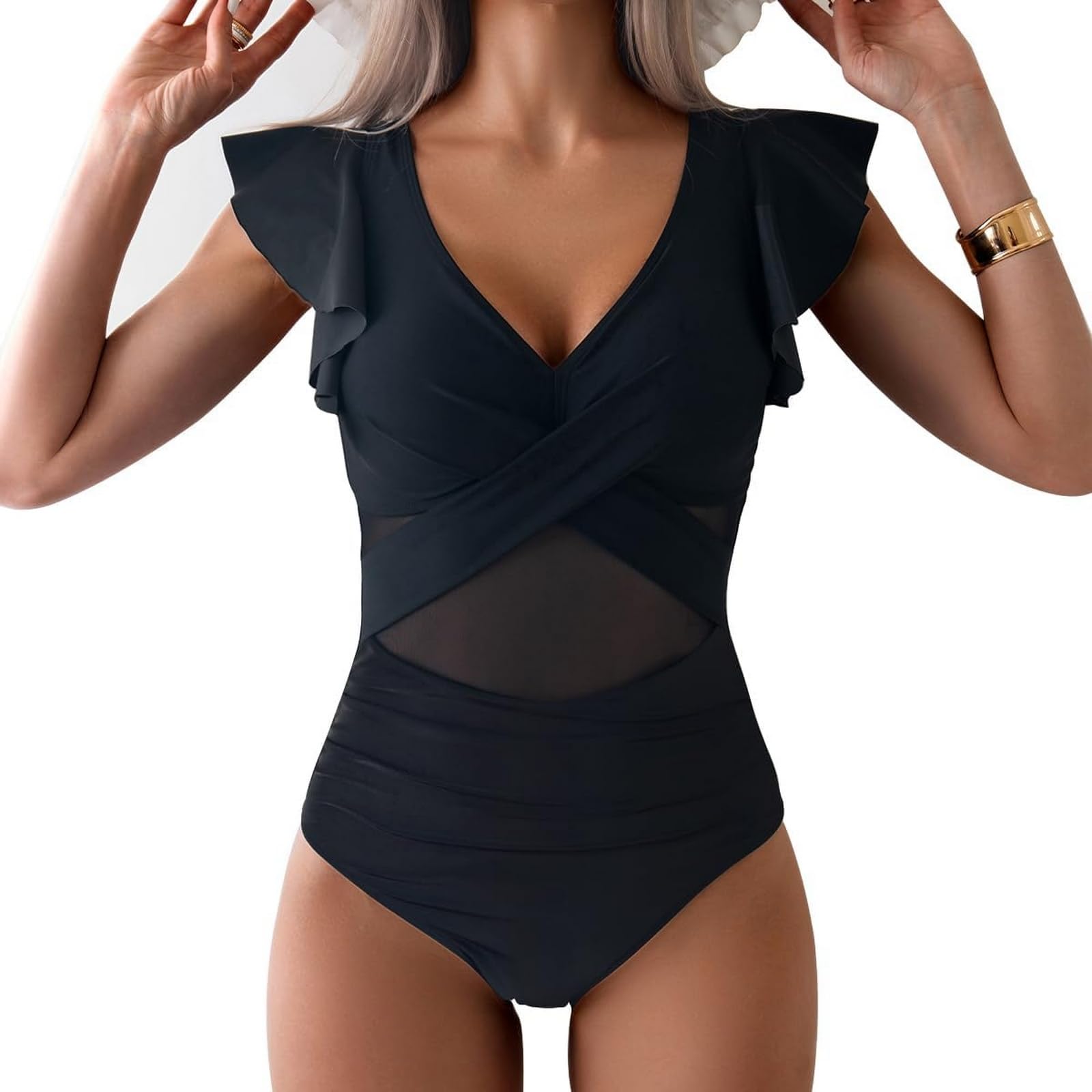 YaShaer Womens V Neck Ruffle One Piece Swimsuit Twist Front Mesh Tummy Control Bathing Suit Slimming Swimwear