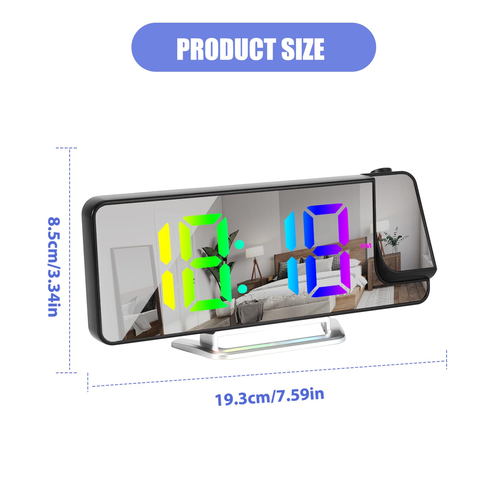 Sveglia con Proiettore, Orologio Digitale 8,1" RGB, 3 Livelli di Luminosità, Proiezione Regolabile a 180°, Orologio con Termometro, Doppia Sveglia 12/24H, Display LED, Ricarica USB