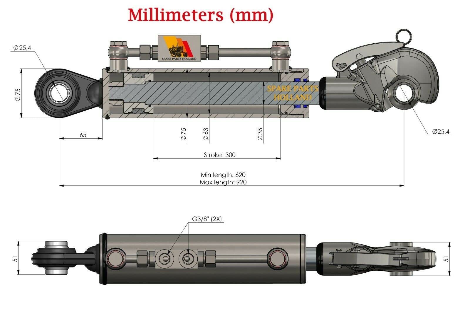 Terzo punto idraulico per trattore CAT2 + 2 ganci gancio 300 mm Corsa blocco di bloccaggio con completo di tubi e nippli