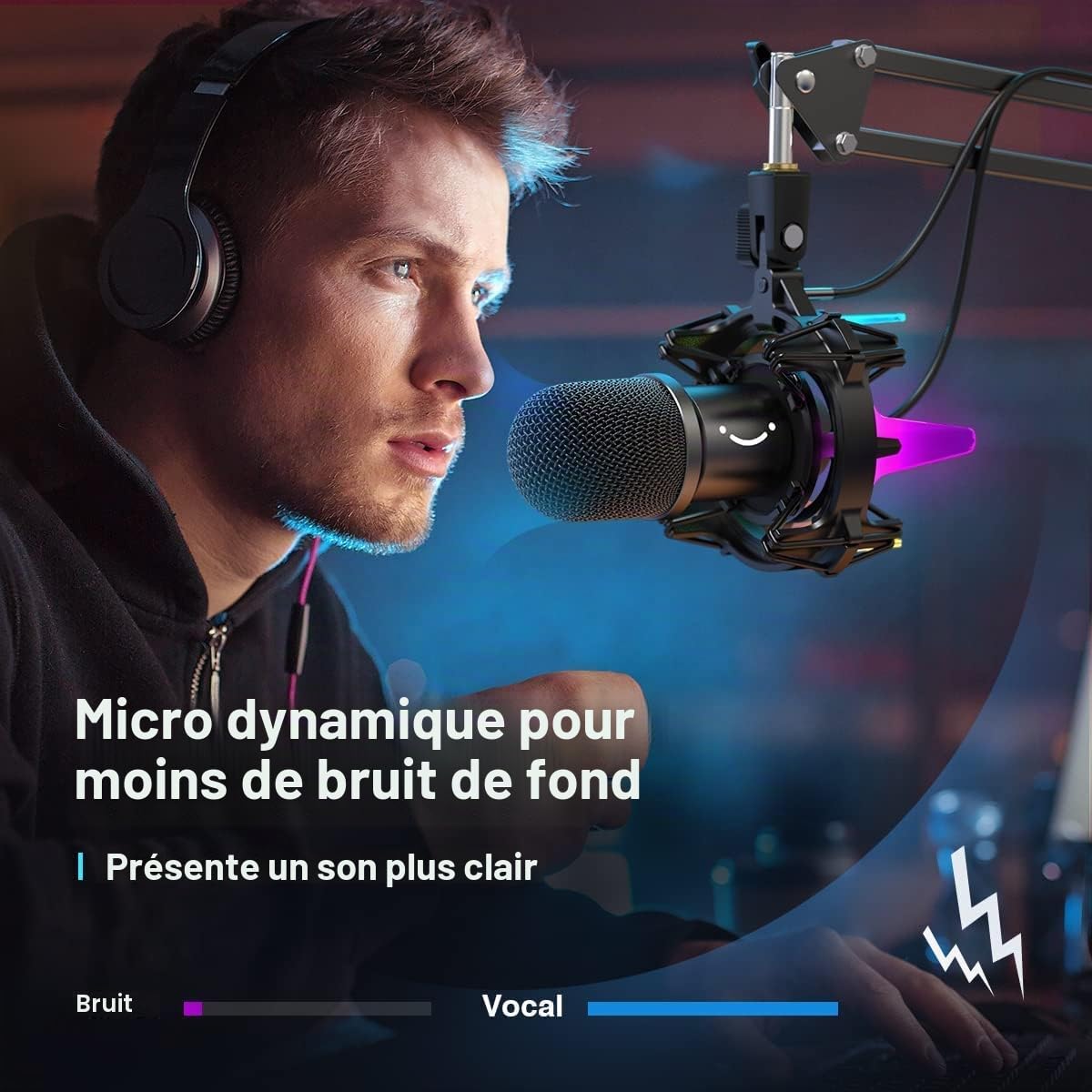 FIFINE USB Microphone Gaming Kit, Dynamiques Microphone pour Ordinateur, avec Bouton de Silence, 8 RGB Couleurs Fixation Antichoc, Support de Bras, Microphone Cardioïde, pour PC PS4 PS5