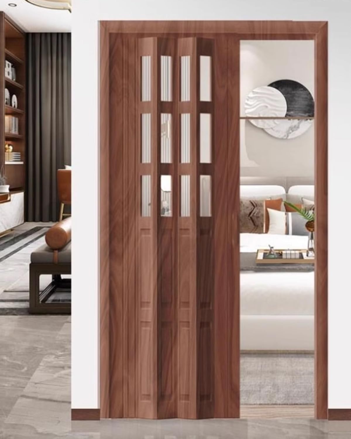 Concertina Door PVC & Acrylic Internal Foldable Gate - Custom Size, Accordion Door for Cupboard/Kitchen, Hallway Pantry Doorway Sliding Door with Handle(Brown,32x40in(81x101cm))