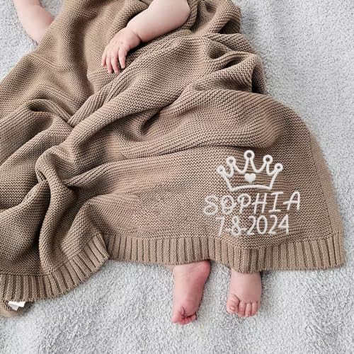 Image of Luxury Personalized Name Blanket, Embroidered Name, Soft Breathable Cotton Knit, Newborn Baby & Mom Gifts