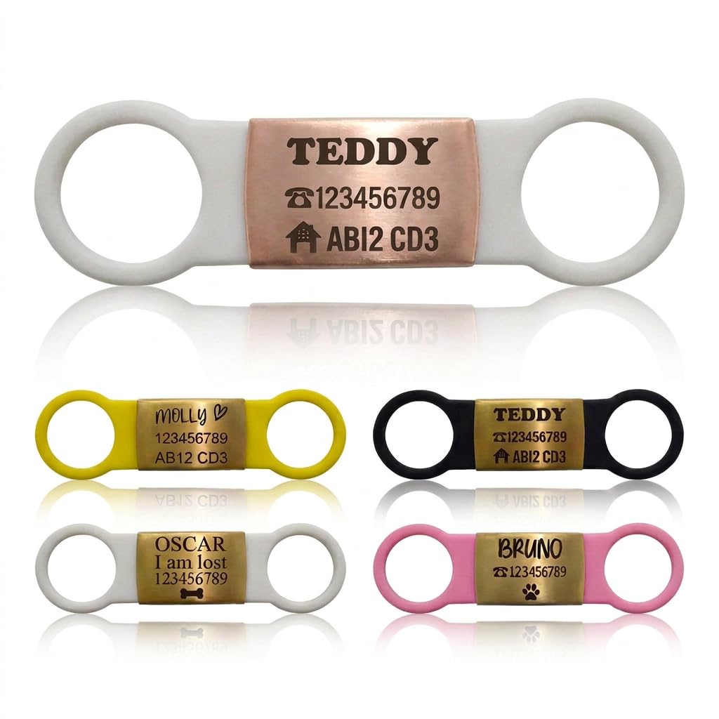 Slide On Dog ID Tag Silicone Personalised Laser Engraved Pet Name Tag (Rose Gold White Silicon, (L-(2.5cm-5.5cm))