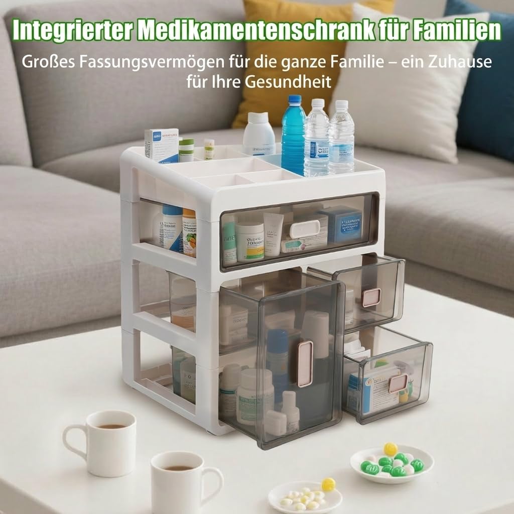 Armadio della medicina domestica, cassetto a 4 livelli, contenitore per medicinali, grande per uso domestico e ufficio