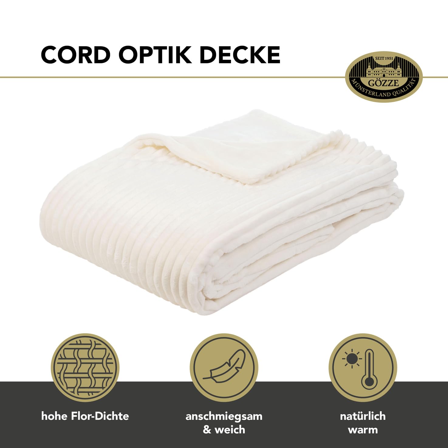 Gözze Wohndecke in Cord Optik, 150 x 200 cm, Wollweiß, 40067-00-150200