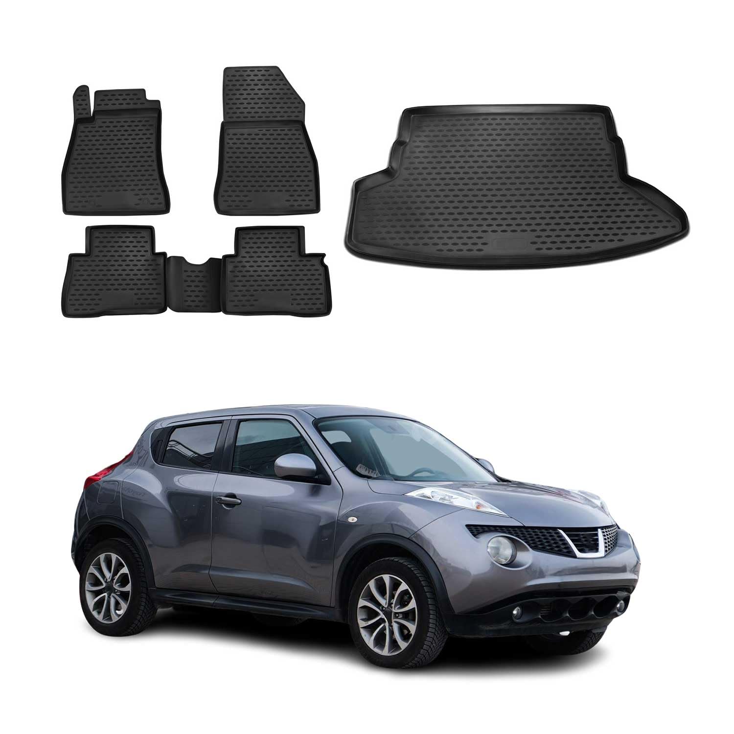 OMAC Fußmatten & Kofferraumwanne Set kompatibel mit Nissan Juke 2010-2014 Gummi TPE Schwarz 5X