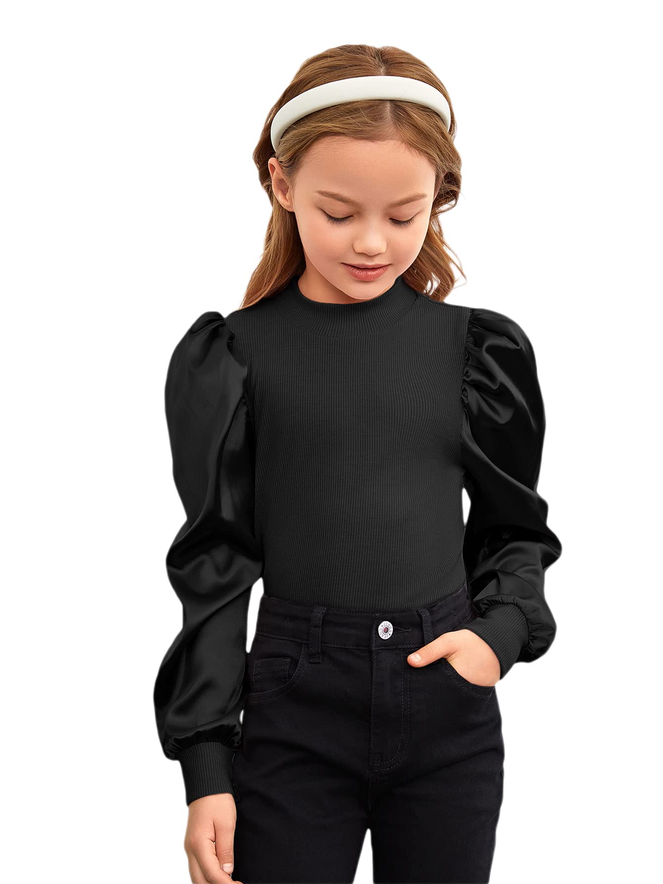 Floerns Blusa casual de punto acanalado de manga larga abombada con cuello redondo para niñas