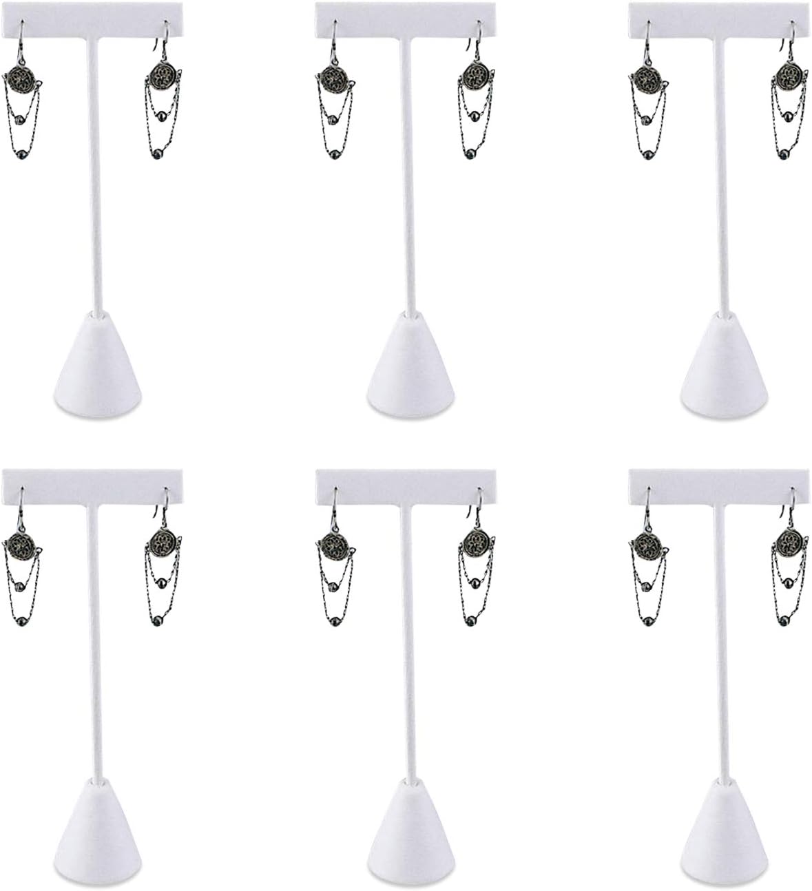 Ikee Design 6 Pcs Set Premium T- Shape Style Earring Display Stand, Earring Stand Jewelry Display for Showroom, Tradeshow, and Showcase, 2 1/2 W x 5 1/2 H in, White Faux Leather