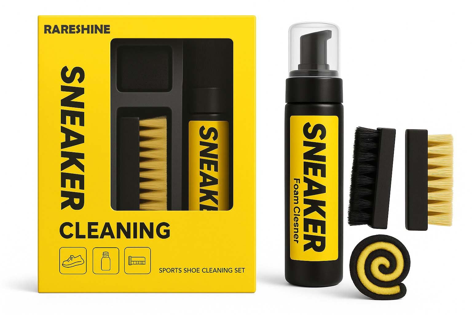 RARESHINEPremium Sneaker Cleaning Kit - Foam Cleaner, Dual Brushes for Deep Cleaning, Microfiber Towel - Ultimate Shoe Care Set for Sneakers, Trainers, and Casual Shoes (Sneaker Cleaning Kit)