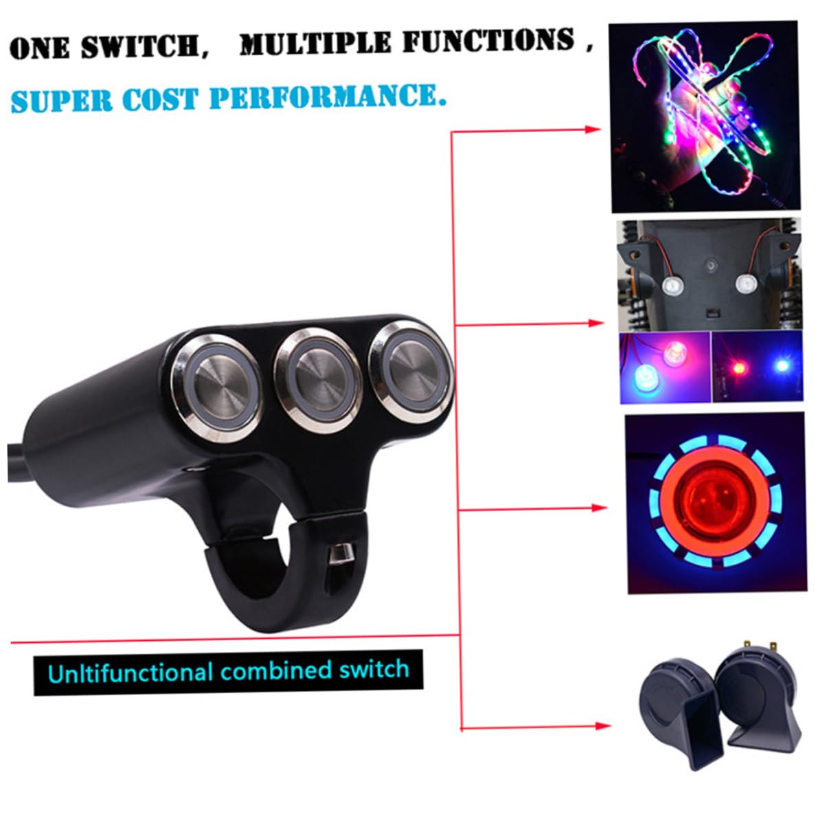 OUNONA Interruptor de Manillar y Autobloqueo de 3 Posiciones de 22mm, Aleación de Aluminio, Botón Luminoso para Motocicleta y Bicicleta Eléctrica