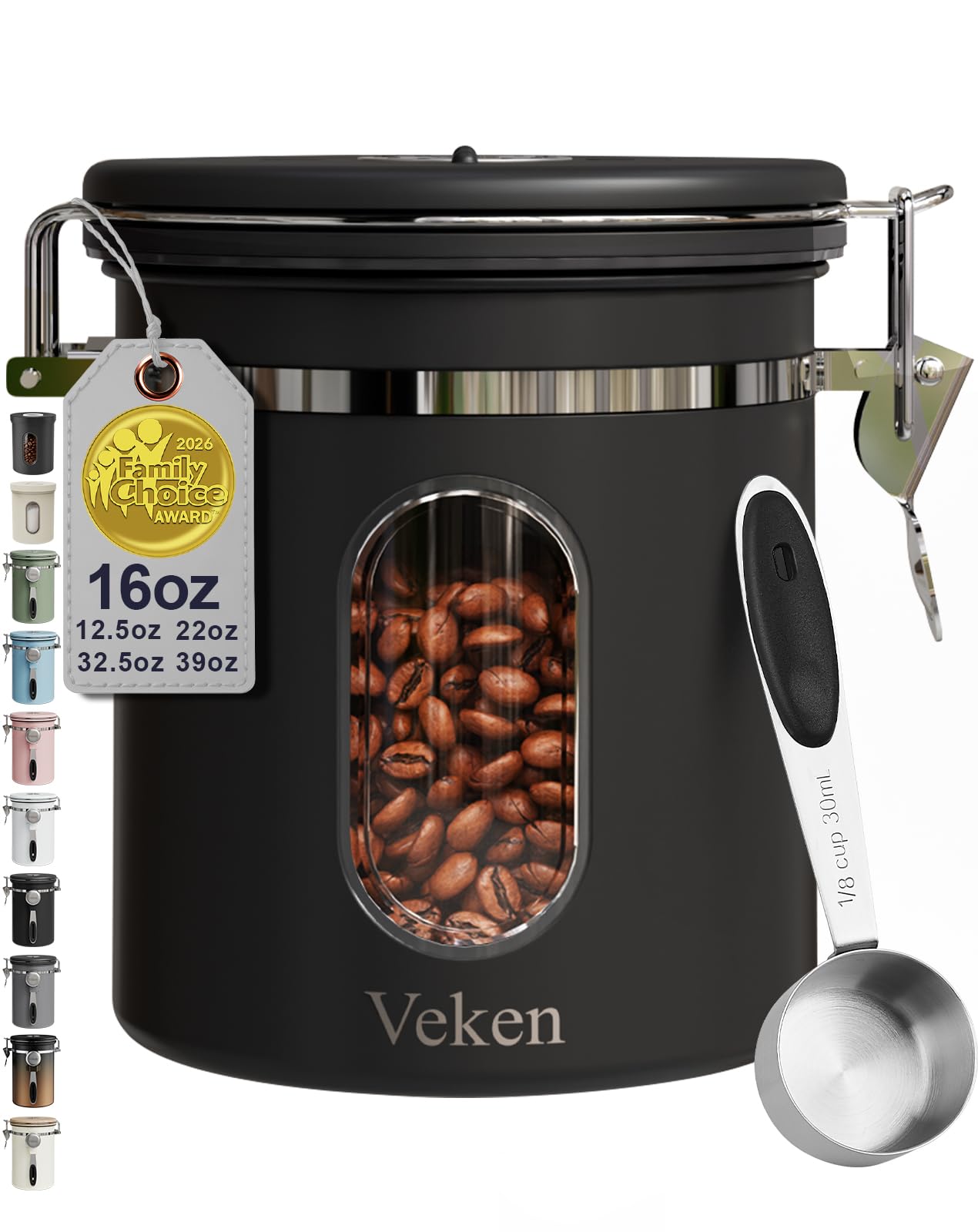 Veken Coffee Canister with Window, Airtight Stainless Steel Compact Jar, 16 oz