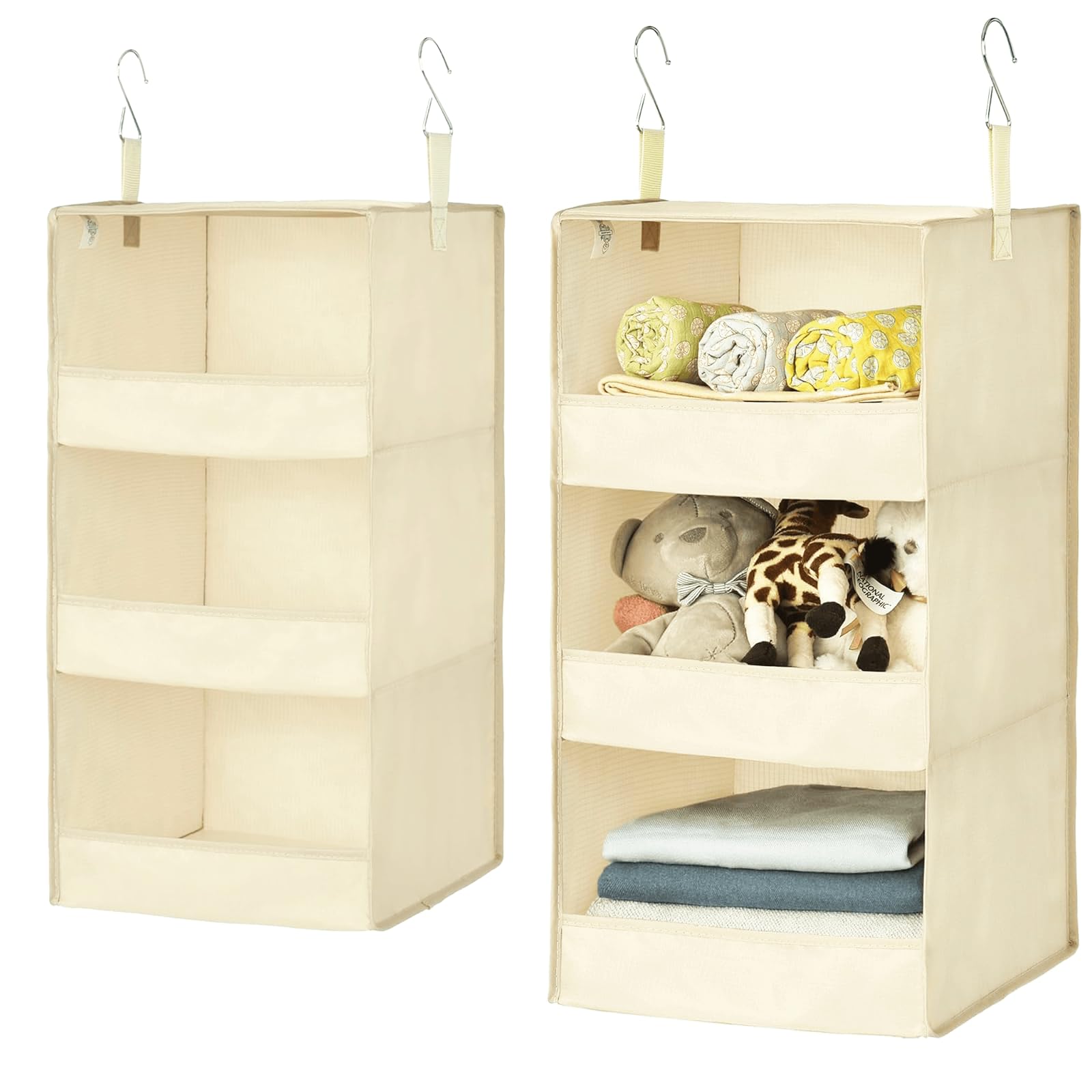 Estantes de almacenamiento colgantes de 3 estantes, 2 unidades, plegables de tela no tejida, estantes apilables para armario, color beige, solución de ahorro de espacio para almacenamiento en el hogar
