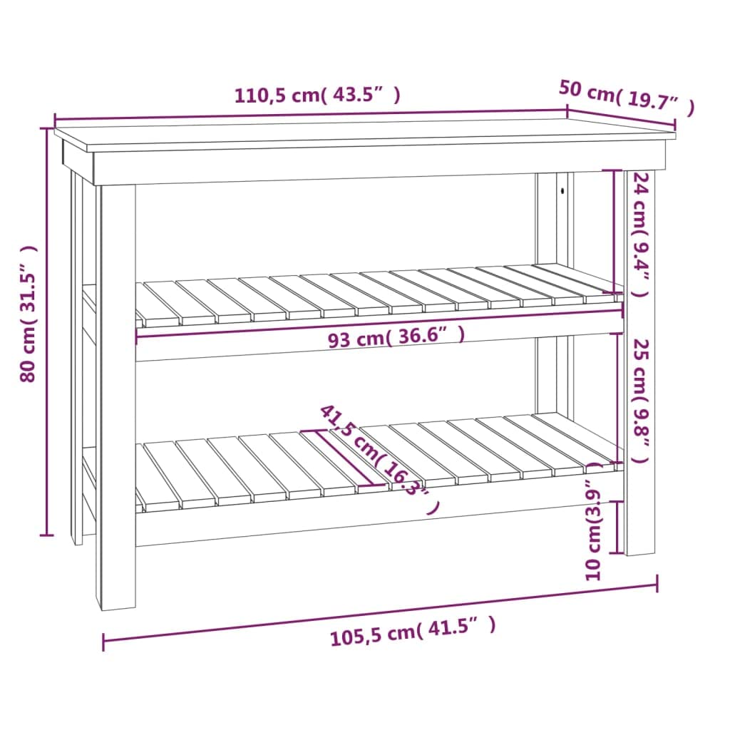 vidaXL Werkbank 110,5x50x80 cm massief grenenhout wit