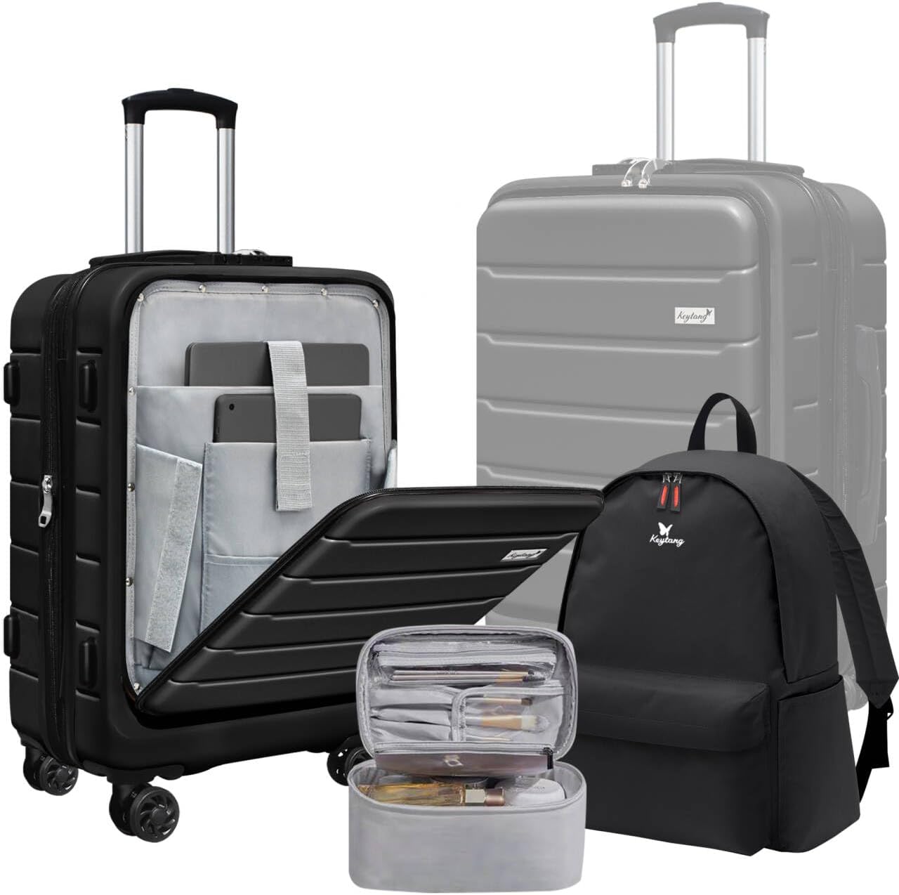 SmileLine Hardside Expandable Luggage W/Quick Access Front Open Pocket Lightweight Carry-on with Makeup Bag, Black, 3 Piece Set 3 Piece Set Black