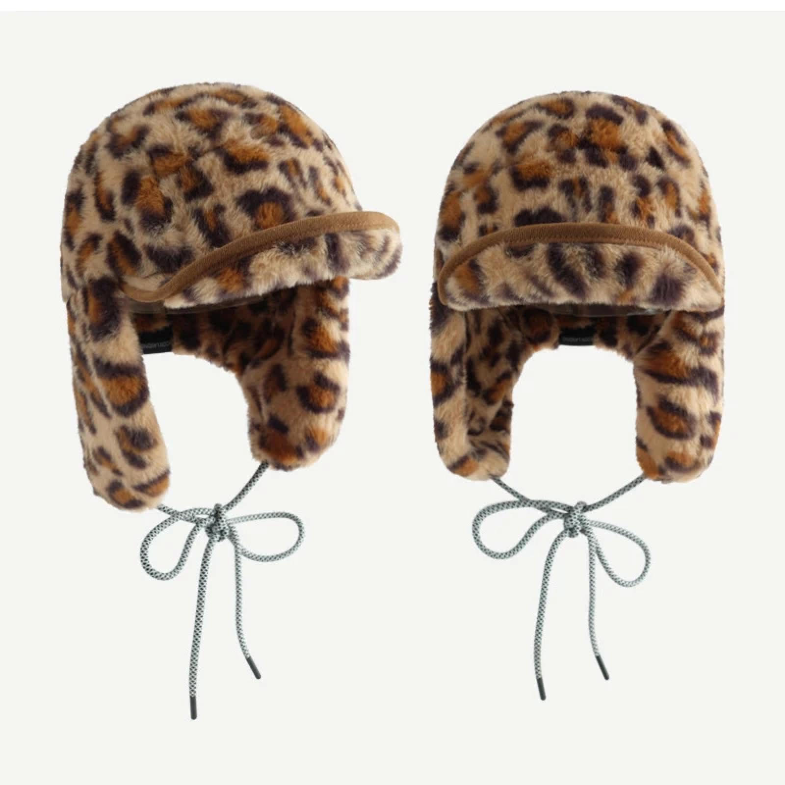 Czapki Czapki Skullies Czapki Beanie Leopard Print Bomber Czapki dla Kobiet Zimowe Pluszowe Pogrubione Ciepłe Pulower Czapka Koreańska Moda Ochrona uszu Czapka Narciarstwo Kapelusze Pilota