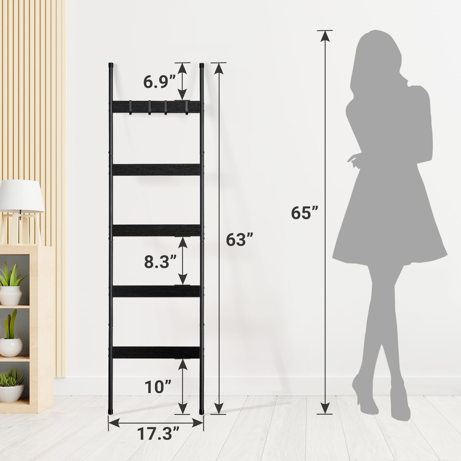 Escalera para manta para sala de estar, soporte de edredón de 5 niveles con 4 ganchos extraíbles para baño, estante de toallas de madera, soporte decorativo inclinado para anclaje de pared para 4