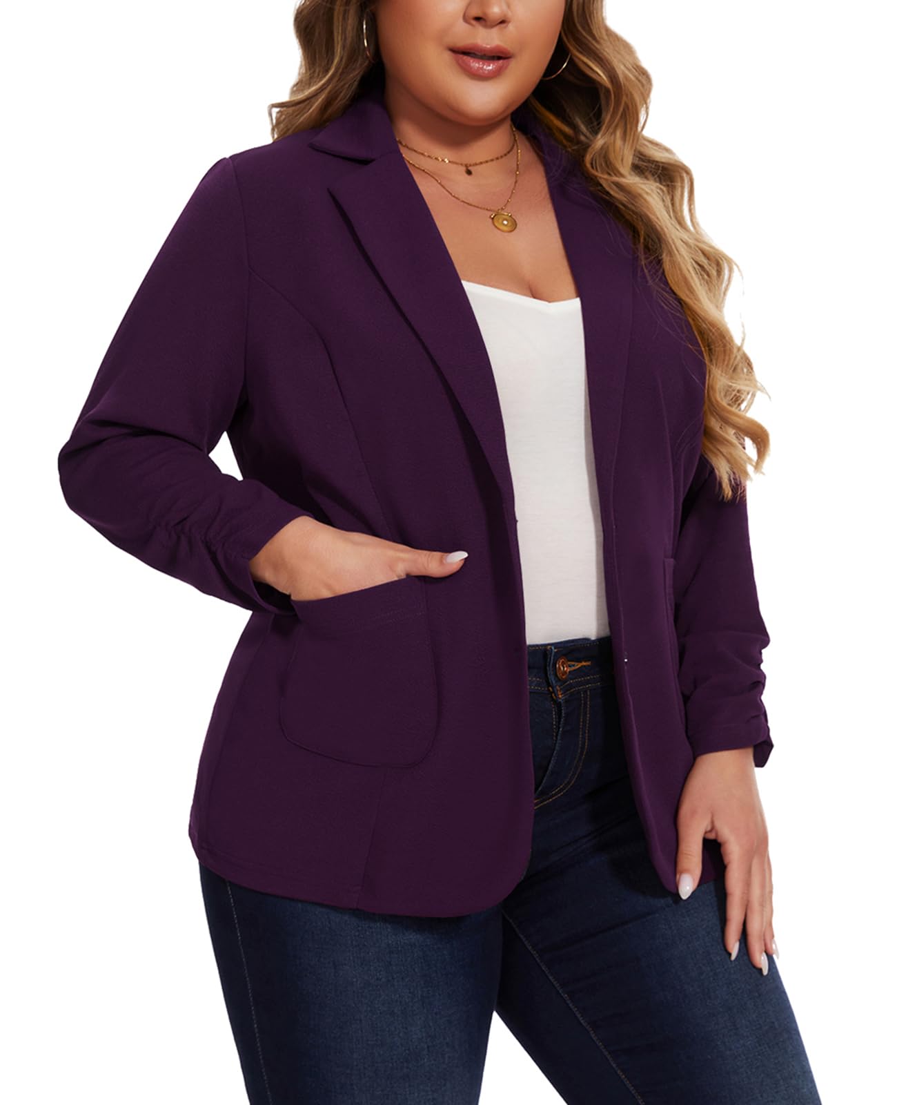 Blazer da donna taglie forti elegante 3/4 con maniche increspate giacche blazer slim fit giacca casual da lavoro con tasche con bottoni
