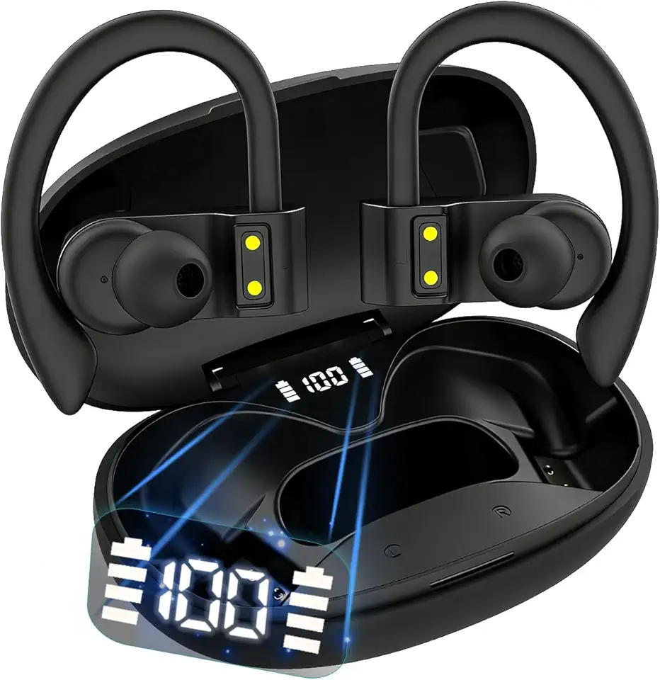 H'MASTON Fone de Ouvido Bluetooth Fone Sem Fio Esportivo com LED Display Prova Dágua Cancelamento de Ruido Earbuds RS-52 (Preto)