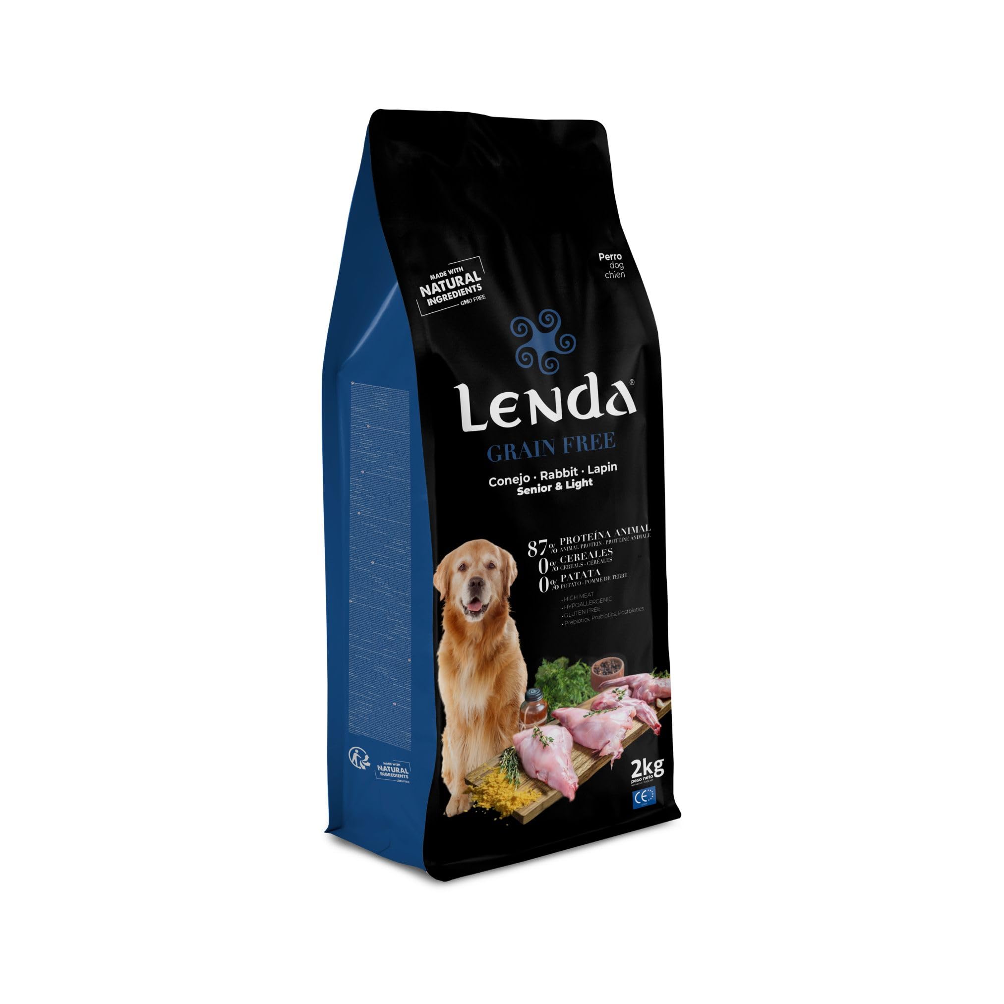 Lenda Grain Free Light y Senior 2kg - Pienso Hipoalergenico para Perro Bajo en Grasa Sin Cereales - Pienso sin Grano para Digestion Sensible - con Probioticos y Condroprotectores para Articulaciones