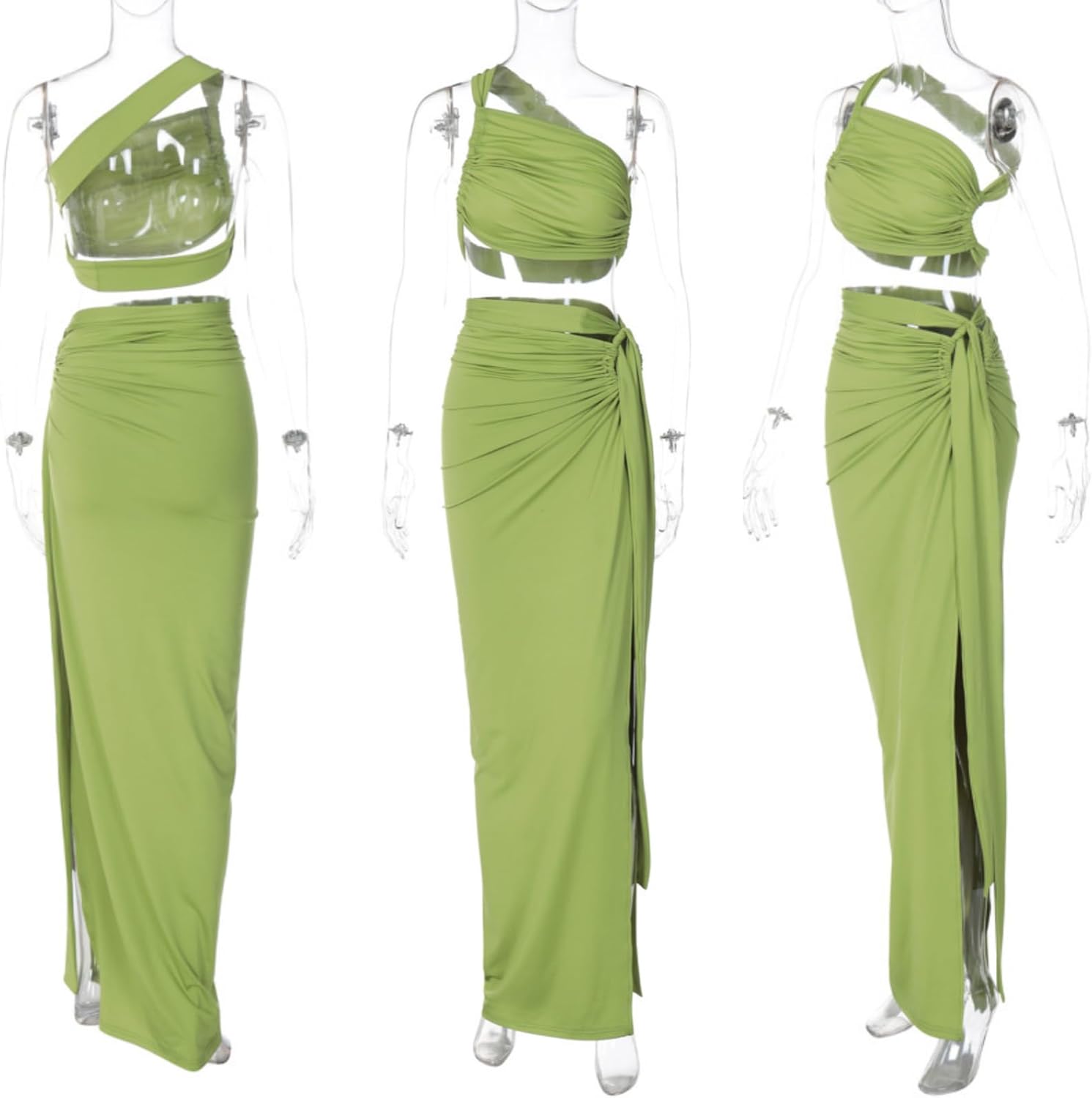 JUMISEE Women's 2 Piece Outfit Sexy Backless One Shoulder Crop Top Tie Side High Slit Maxi Skirt Beach Vacation Dress - Image 5